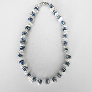 Blue White Puka Shell Choker Necklace 16" Beach Jewelry Unisex